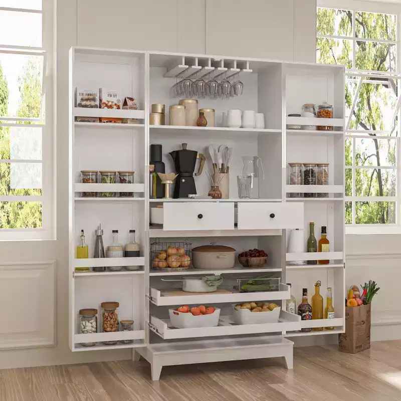Famapy White Woodgrain Finish Kitchen Cabinets With Cup Holder Multi-Storage Space
