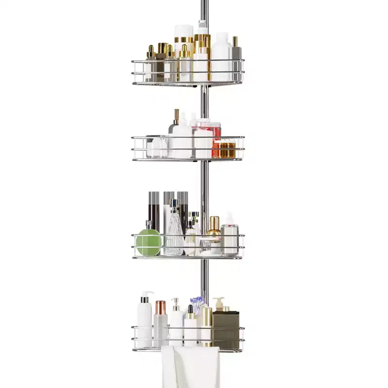 Tension Pole Shower Caddy, Corner Shower Caddies with 4 Basket Shelves & Built-In Towel Bars, Rustproof Bathroom Shower Organizer Adjustable 75-110