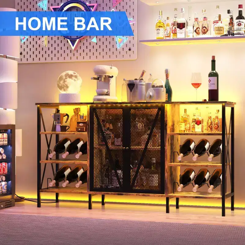 Farmhouse Wine Bar Cabinet, Industrial Coffee Bar Sideboard with Wine Rack and Glass Holder