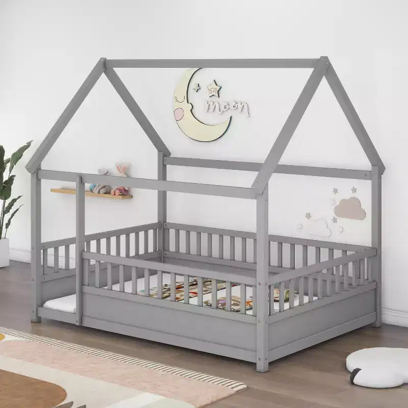 Full Size Montessori Toddler Floor Bed with House Roof Frame, Fence and Guardrails for Bedroom