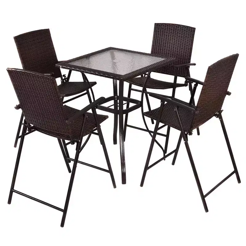 Costway 5PCS Rattan Patio Furniture Set 4 Bar Stool Folding Chair + Bar Table W/Glass Top