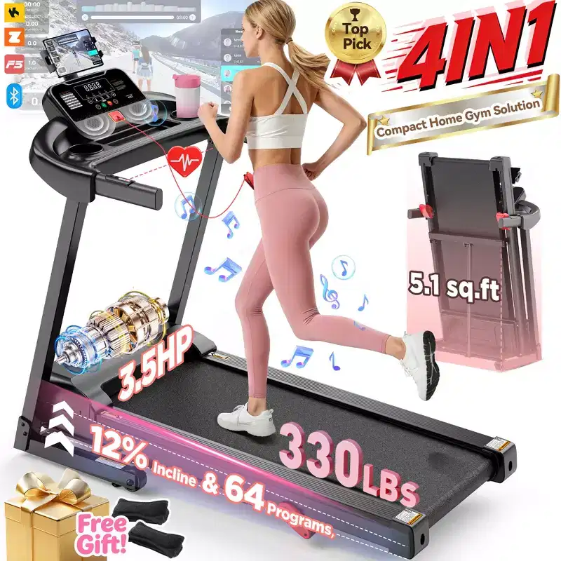 3.5HP Folding Treadmill for Home/Office, 3-Level Incline, 7.5 MPH,64 Programs, FREE Courses&APP Control, Heart Rate Monitor,Jogging walking treadmill