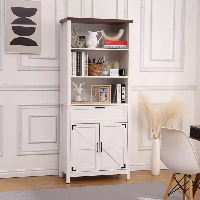 72 Tall 6-Tier Farmhouse Bookshelf with Doors, Cabinet & Drawer Wooden Bookcase with Adjustable Shelf for Living Room, Kitchen & Bedroom