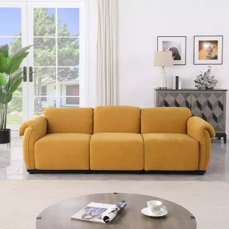 GDFStudio Khalid Modern 93 3-Seater Wood and Iron Chenille Upholstered Sectional Sofa with Split Backrest
