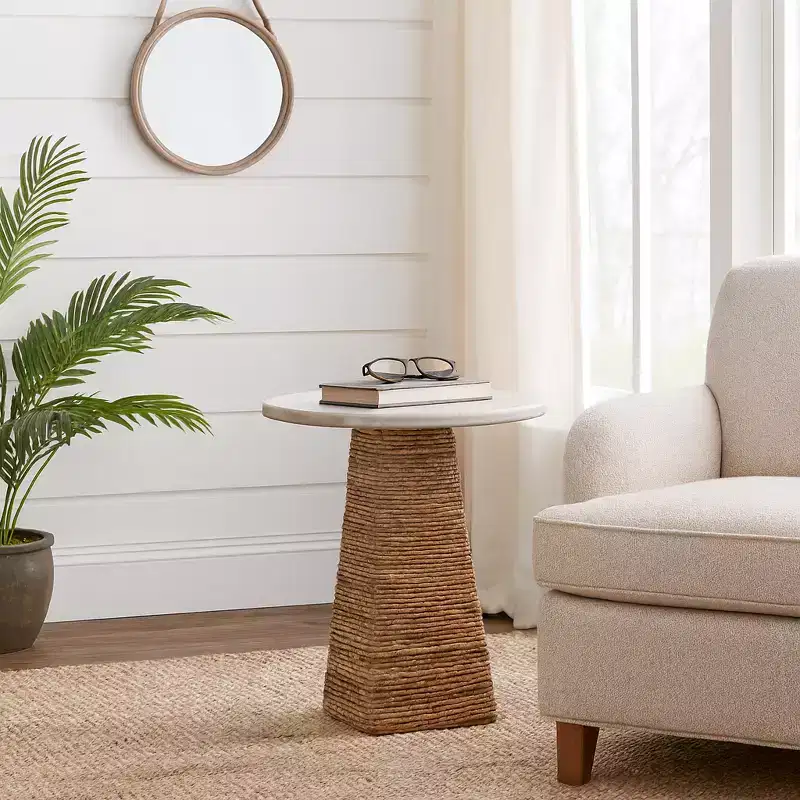 Woven End Table with Stone Top for Small Spaces - Natural Side Table Unique for Bedroom Decor or Living Room Styling - 20, Beige & Ivory