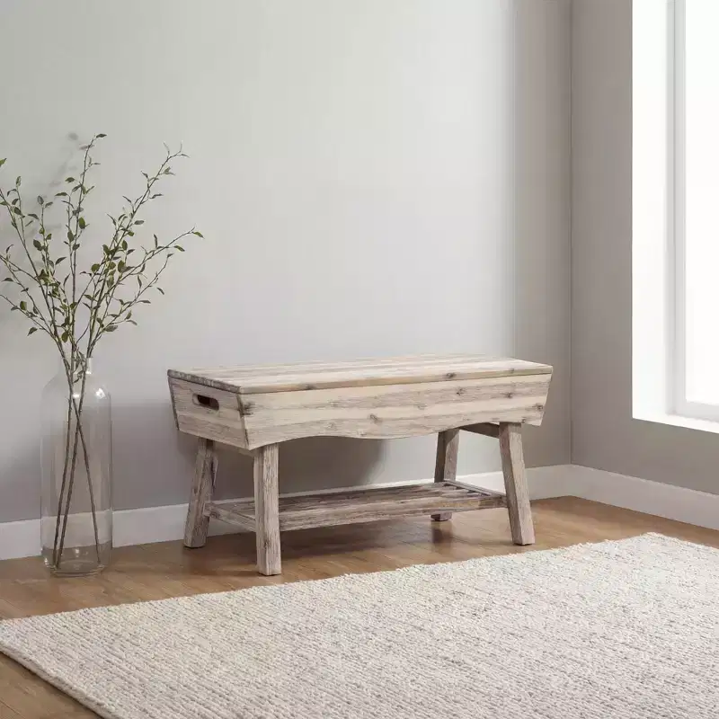 Solid Hardwood Bench with Storage Shelf and 4 Panels, 36x15.25x17.3 Inches, White Washed Finish