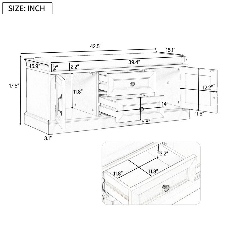 Shoe stool, 2 drawers, 2, removable pads, living room locker, entrance