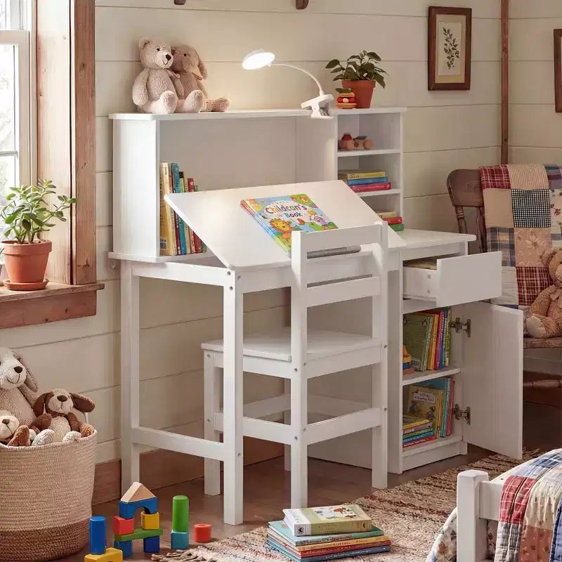 Famapy Solid Wood Kids' Desk & Chair Set: Adjustable Tilt Tabletop + Built-In Hutch + Clip-On Lamp  Ergonomic Study Station for Children