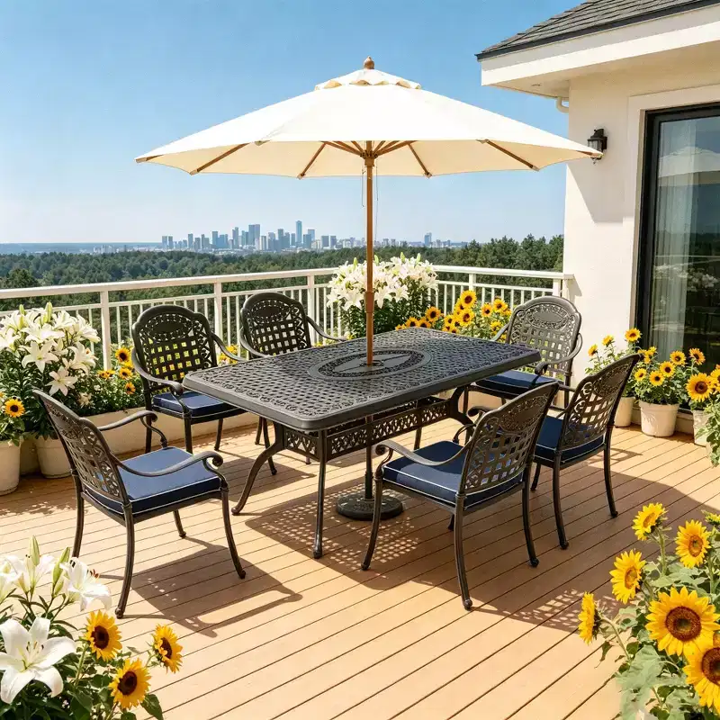 5-Piece Rectangular Cast Aluminum Patio Dining Set for Outdoor Backyard Garden Deck Poolside with Cushions