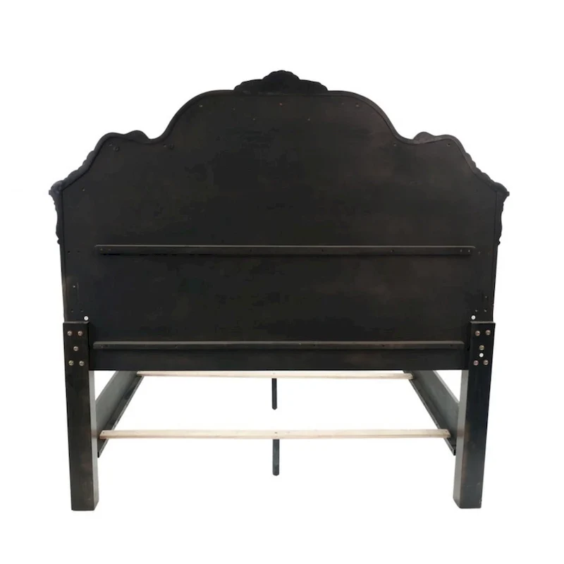 Splendidly Carved Queen Wooden Bed, Dark Walnut And Veneer Finish