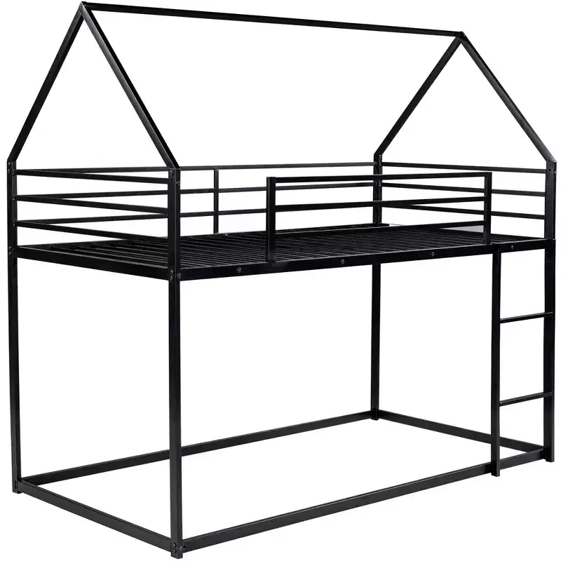 Metal Twin over Twin House-Shaped Bunk Bed with Built-in Ladder
