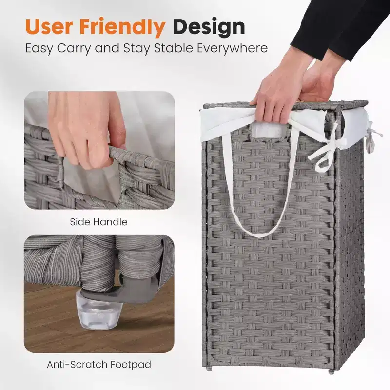 JIONJOY 29 gal. Wicker Hamper w/Lid, Foldable Design, Removable Compartment & Washable Liner