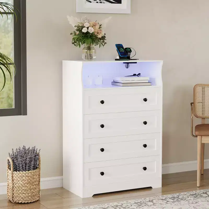 Wood 4-Drawer Dresser with LED Lights & Charging Station