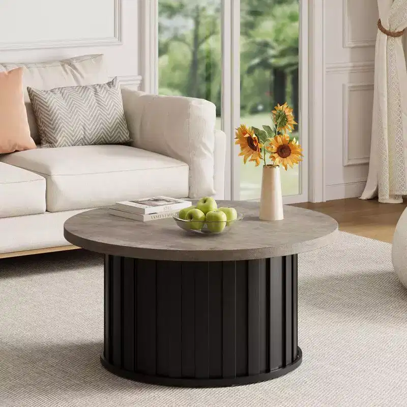 Round Coffee Table, Mid Century Coffee Table with Metal Base, 31.9 inch Fluted Center Table for Living Room, Home Small Space, Apartment