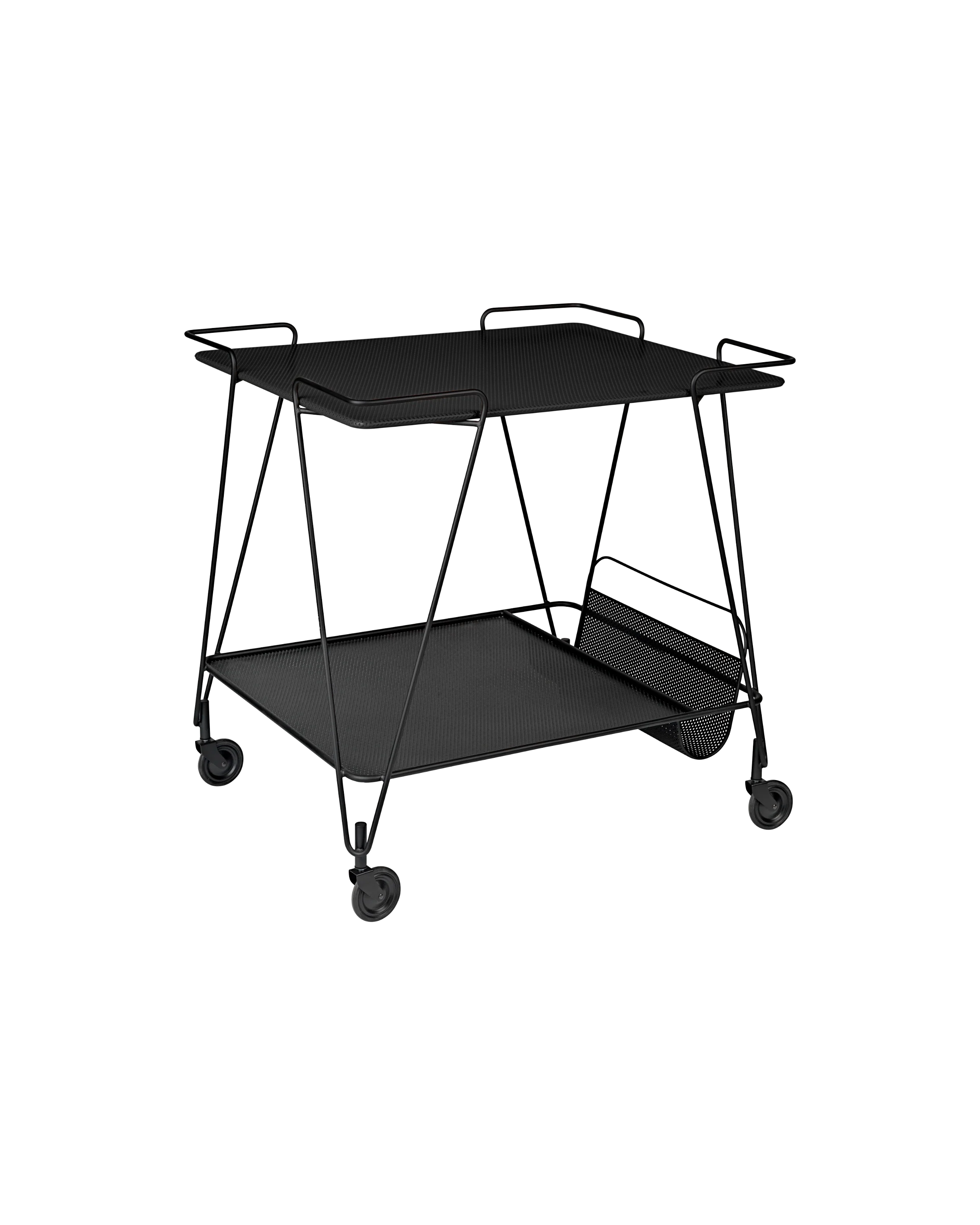 Retro Black Metal Wire Serving Trolley with Two Trays & Newspaper Holder for Living Room or Kitchen