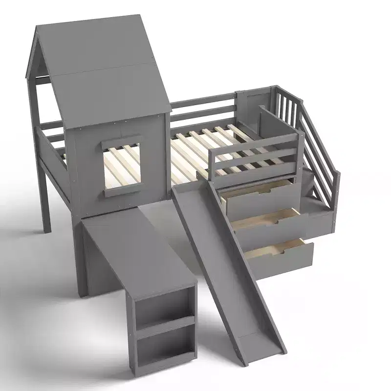 Wood Twin Loft Bed with Slide, Removable Desk & Storage Stairs