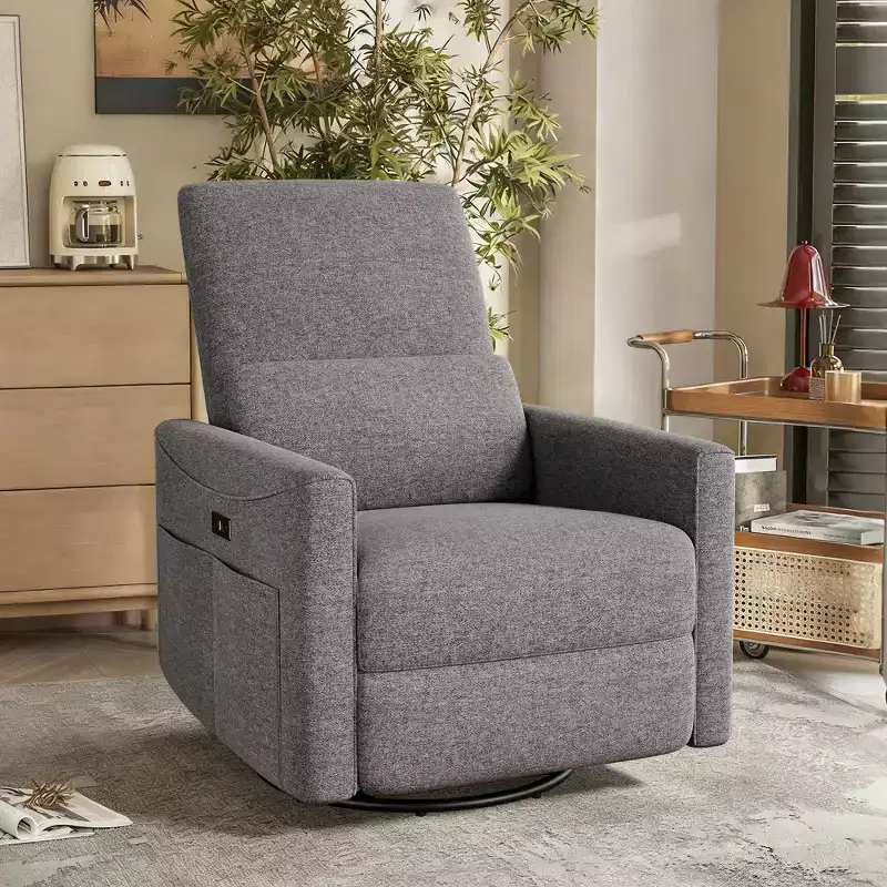 Power Swivel Rocker Recliner Chair, Fabric Glider with Lumbar Support, USB/Type-C Ports, Small Reclining Sofa for Nursery & Living Room
