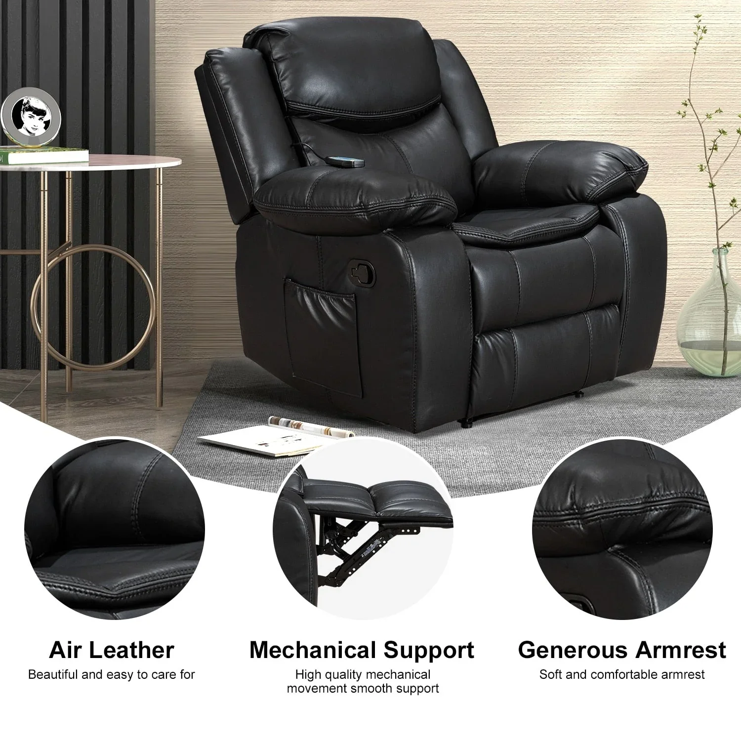 Wide Seat Durable Leather Massage and Heat Recliner