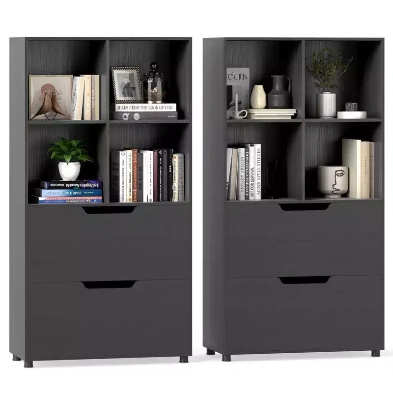 Set of 2 5-Tier 4-Cube Bookcase with 2 Drawers, 51-Inch, Black/White