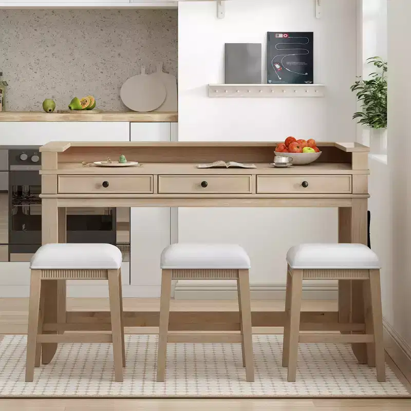 Whisen 4-Piece Dining Bar Table Set with 3 Upholstered Stools and 3 Drawers