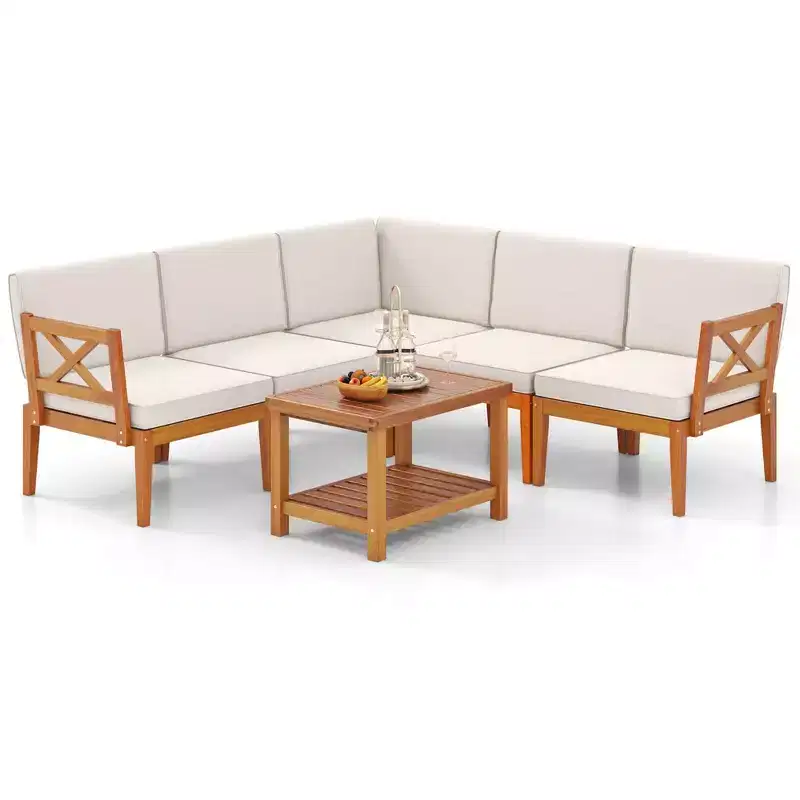 Costway 6 PCS Acacia Wood Patio Furniture Set with Cushions and 2-Tier Coffee Table