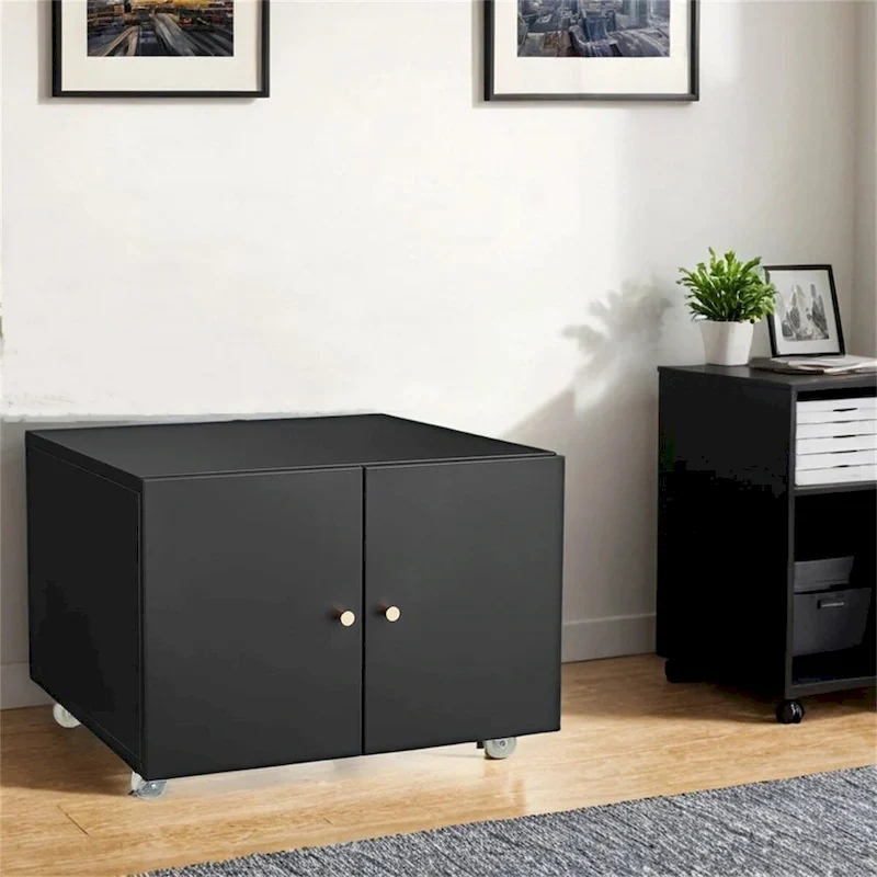 2-Door Mobile Printer Cabinet with 4 Wheels & Adjustable Shelf – Black, Steel, Magnetic Closure