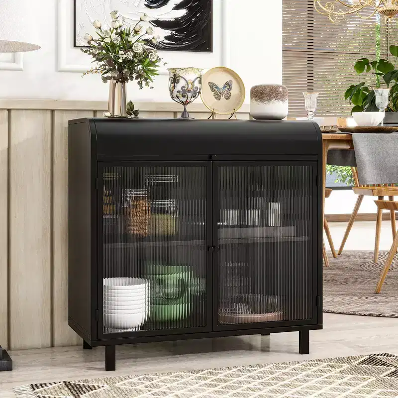 Steel and Glass Storage Cabinet with Flip Top, 2 Doors and 4 Shelves