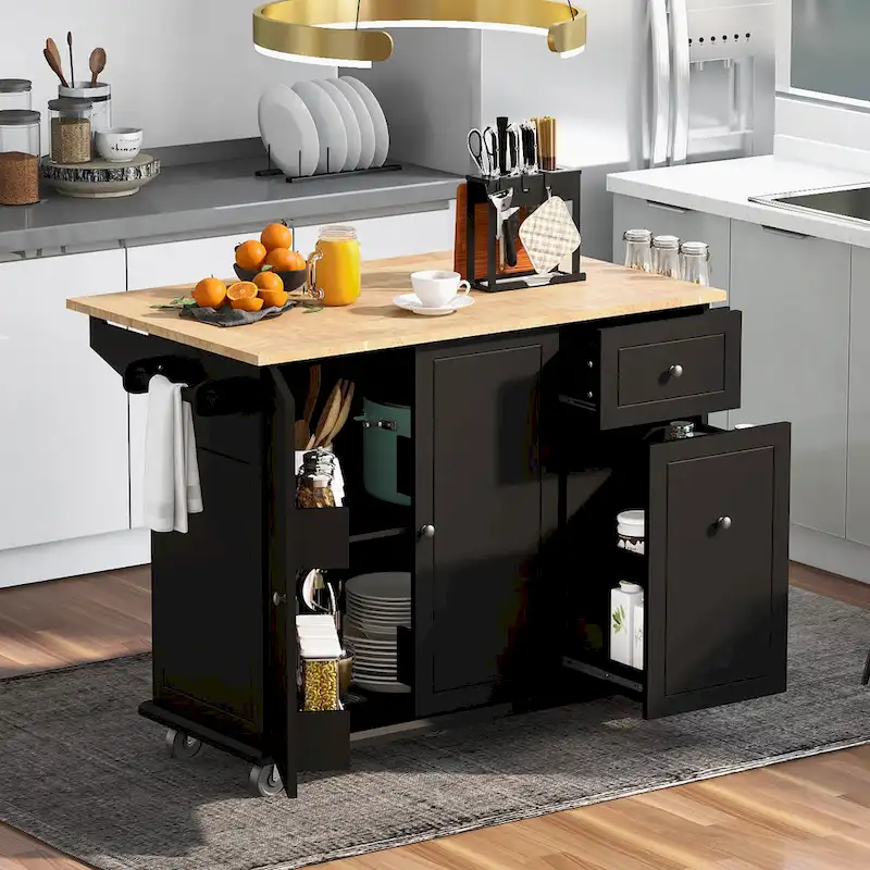 53.9 Width Rolling Kitchen Island with Drop Leaf and 3 Tier Pull Out Cabinet