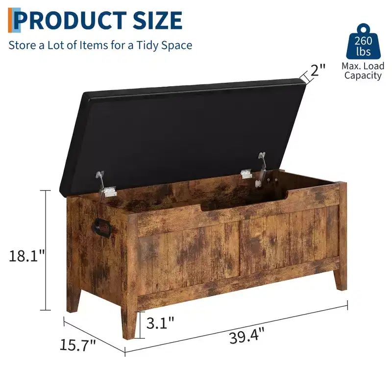 39.4 Storage Bench with Lift Top & Cushion, Wooden Entryway Shoe Bench with 2 Safety Hinges, 260LB Load Storage Chest for Bedroom