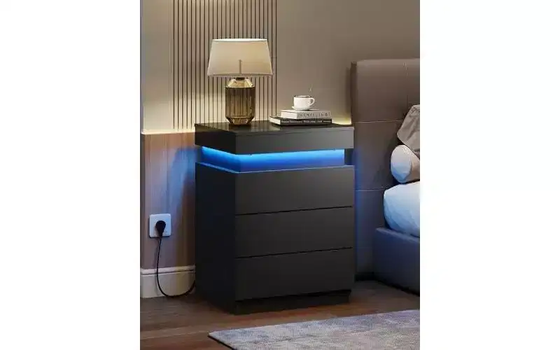 Nightstand with Charging Station & LED Lights, 3 Drawers and Sliding Top