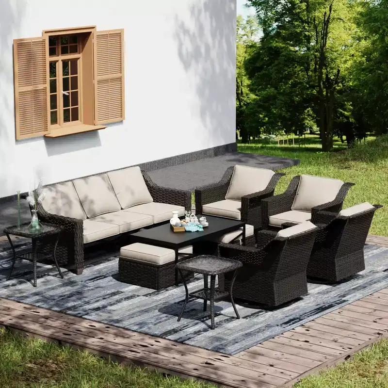 UPTIOT Premium Outdoor Collection: 3-Seat Sofa, 4 Rockers, Dual Tables, Ottoman Pair & Dining Table