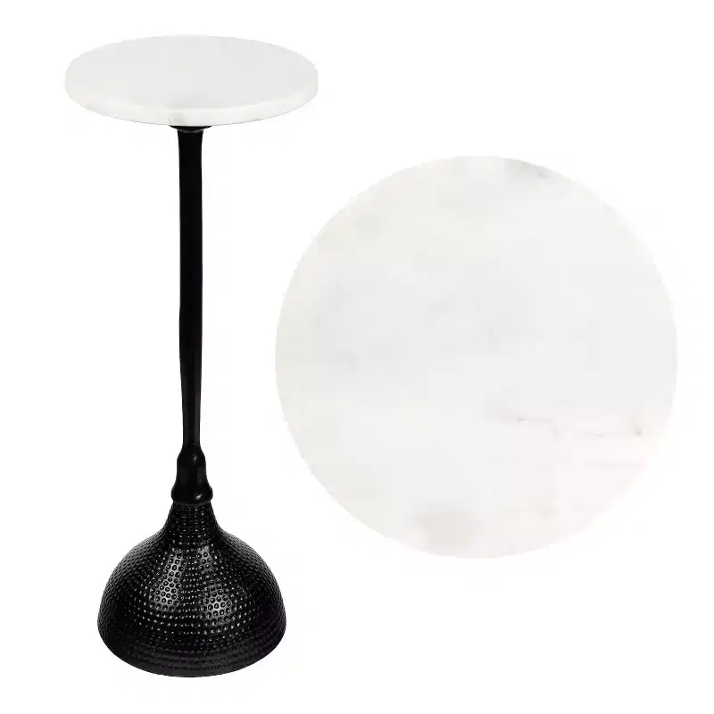 Contemporary Metal Pedestal Drink Table & Decorative End Table with White Marble Round Top & Hammered Base