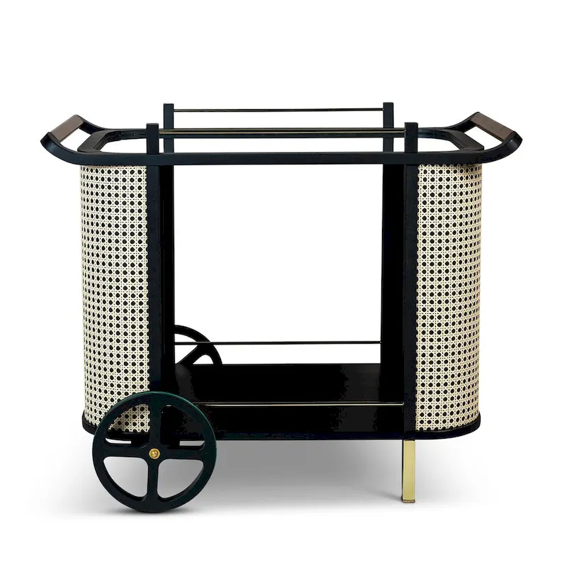 Modern Bar Cart with Mirrored Top, Cane Weave Shelves, Leather Handle & Rolling Wheels