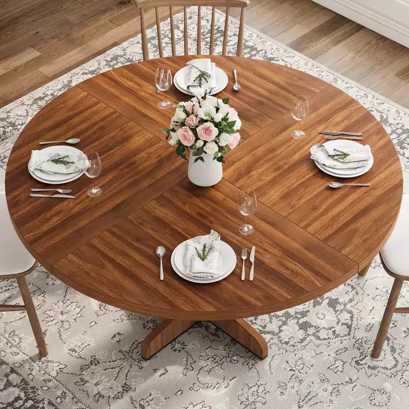 Round Dining Table for 4, Circle Dining Room Table with Wooden Base for Kitchen, Living Room,Walnut