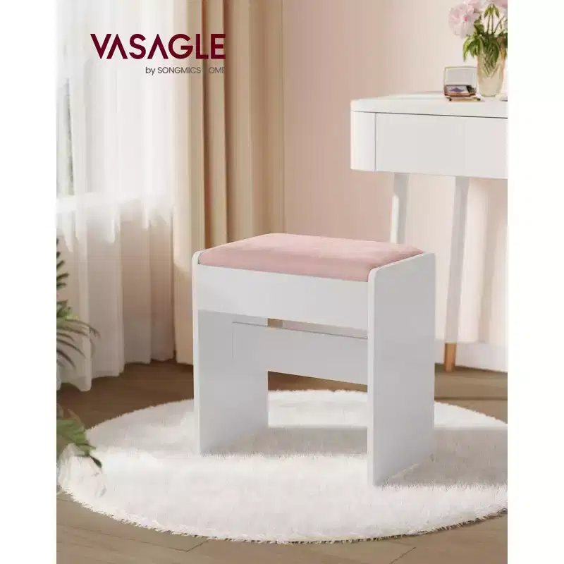 VASAGLE KAILYN Collection - Velvet Vanity Stool, Upholstered Makeup Stool, Footrest with Anti-Slip Pads, Matte White and Jelly Pink
