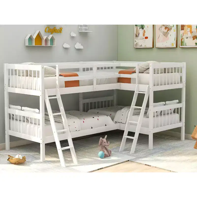 Twin-Over-Twin L-Shaped Bunk Bed with Ladder