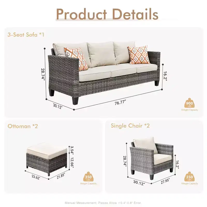 HOMLUX 5-Piece Outdoor Patio Furniture Set: 3-Seater + 2 Chairs + 2 Ottomans