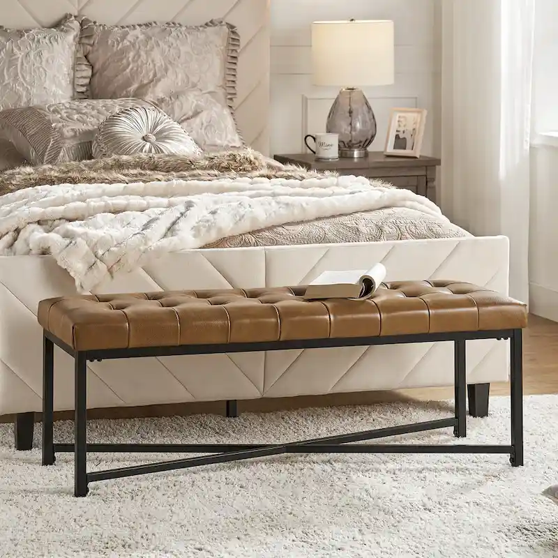 Eberhard Modern 50.5 Genuine Leather Upholstered Bench with Metal Legs by