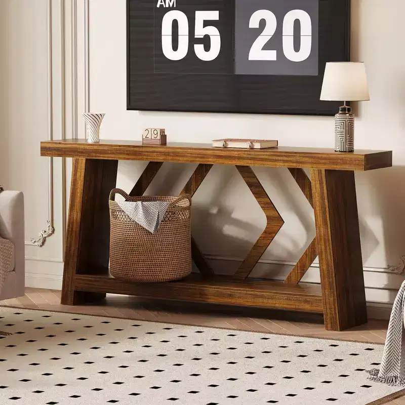70.9 All-Wood Console Table - 2-Tier Narrow Entryway & Hallway Table - Rustic Brown Farmhouse Sofa Table with Trapezoid Legs