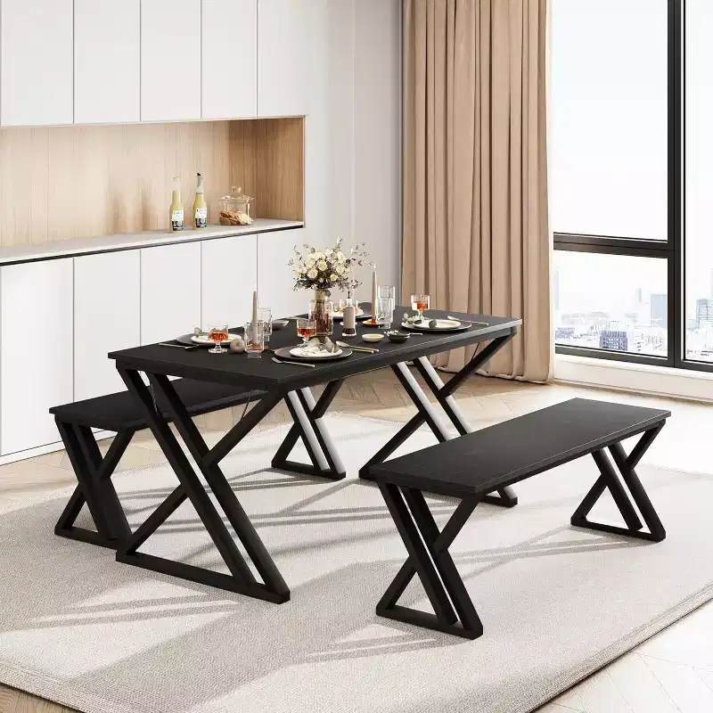 Dining Table Set with Benches,Kitchen Table Set for 4,Sturdy Metal Frame,Saving Space Dining Room Table Set for Apartment,Kitchen,Dining Room