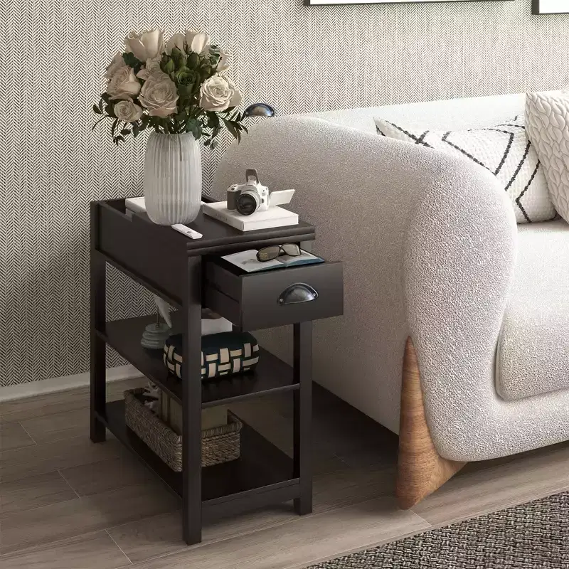 Narrow Side Table, Flip Over Design with Drawers & Bottom Partition, Brown