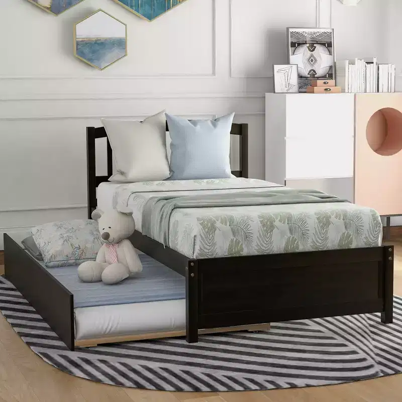 Twin Platform Bed Frame with Roll-Out Trundle – Solid Pine Wood, Espresso