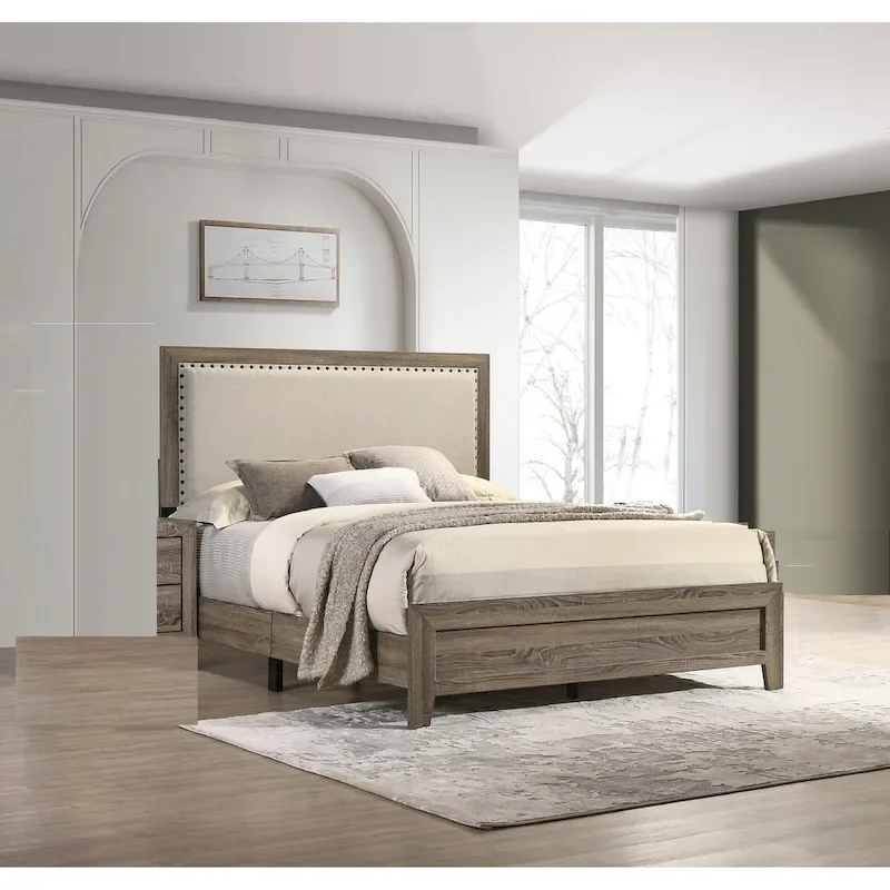 Grey Finish Fabric Upholstered Headboard Tufted Nailhead Trim 1pc Queen Size Panel Bed Beautiful Wooden Bedroom Furniture