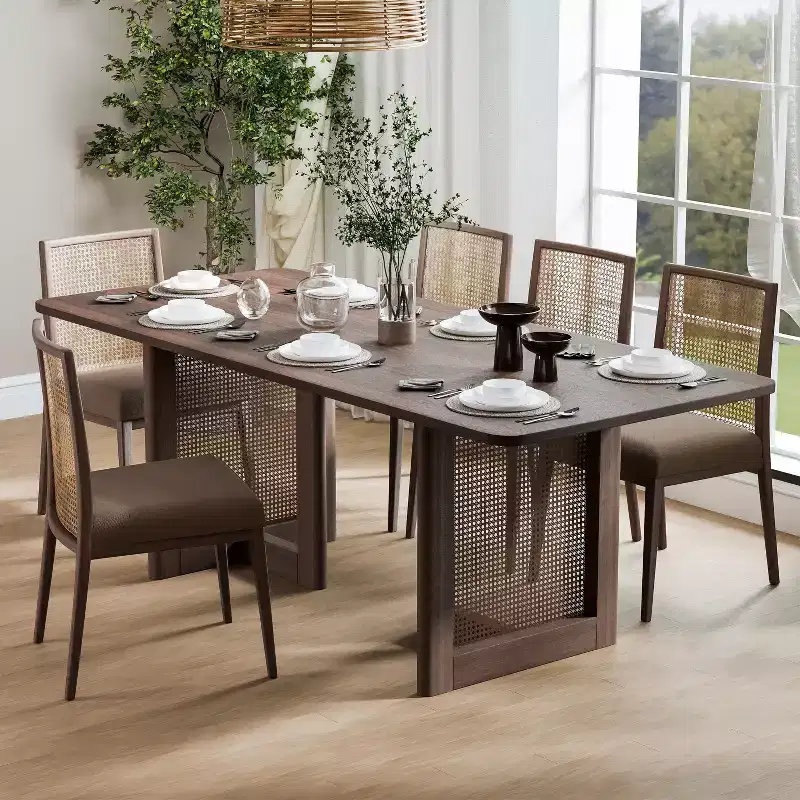PexFix 79 x 33.5 Farmhouse Kitchen Dining Room Table Furniture Square Walnut Kitchen Table with Rattan Woven Legs for Kitchen Bar Living Room