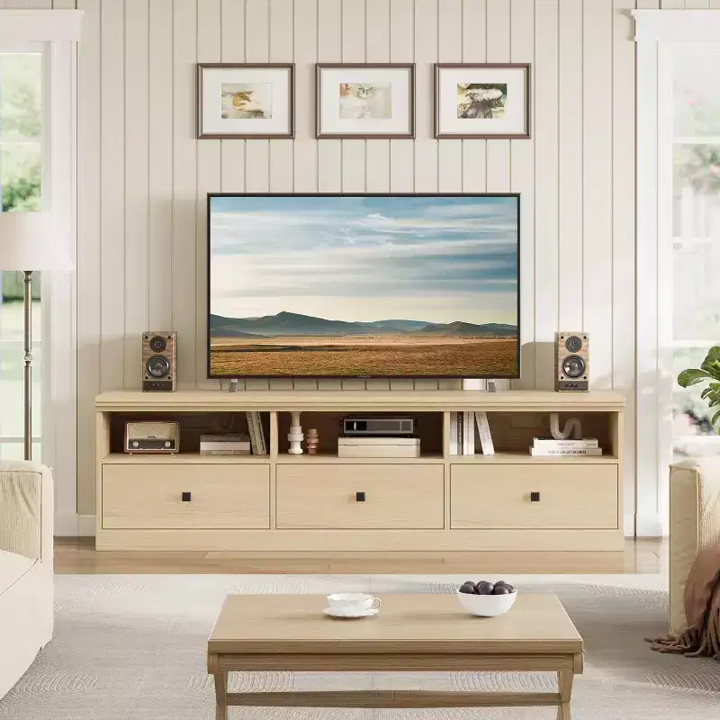 TV Stand for 75 Inch TV, Mid-Century Modern Entertainment Center with Storage Drawer, Wood Media Console TV Cabinet for Living Room