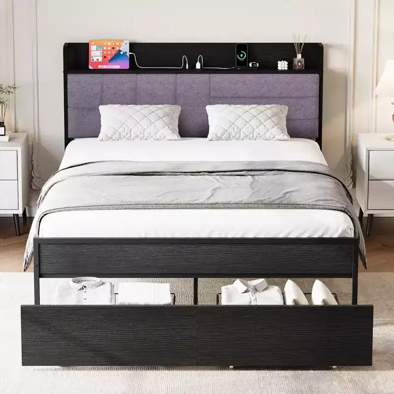 Queen Bed Frame with Storage Drawers & Charging Station, Upholstered Headboard Platform Bed, 800LB Capacity, No Box Spring Needed, Grey & Black