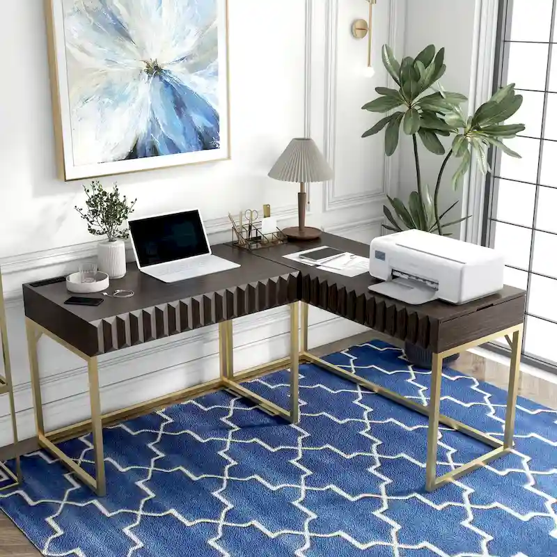 Bird Glam Metal Lift-top L-Shaped Computer Desk with USBs