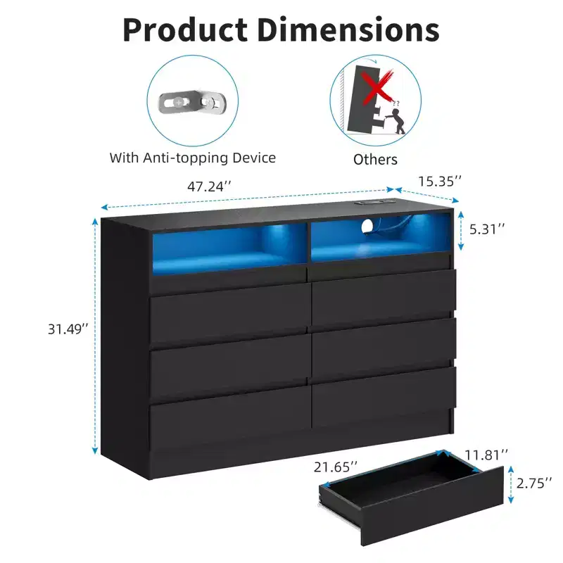 Modern 6-Drawer Dresser with Ambient Lighting, Storage Chest with Power Access, Floating Design Bedroom Dresser