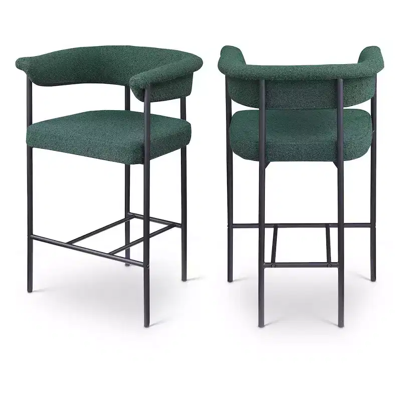 Green Velvet Counter Stool with Arms, Set of 2