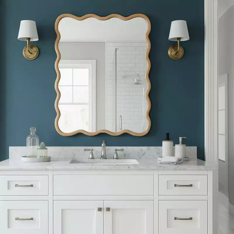 30 x 40 Wavy Rectangle Solid Wood Frame Decorative Mirror, Modern Farmhouse Wall Mirror for Bedroom, Bathroom, Living Room, Entryway, Natural Wood